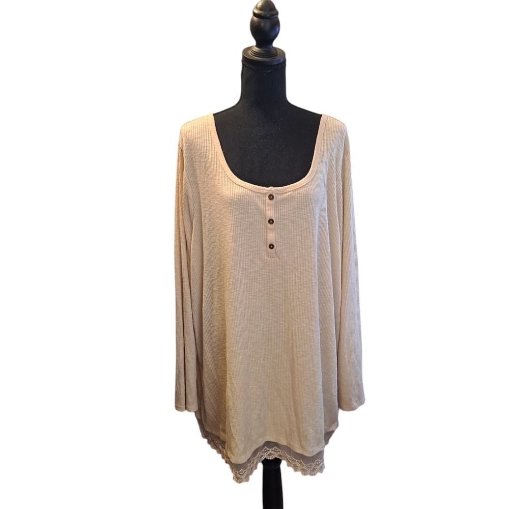 Woman Within Ribbed Tunic Women's Size 26/28 Beige Lace Lightweight Stretch